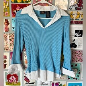 VINTAGE ROUTE 66 White and Blue Business Casual Long Sleeve Dress Shirt